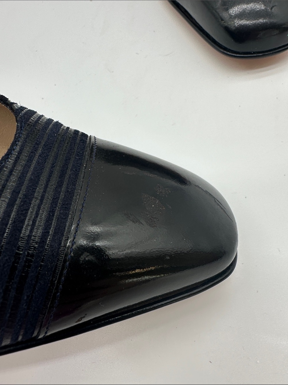 Salvatore Ferragamo Navy Striped Pumps with Black Cap Toe - Picture 3 of 10